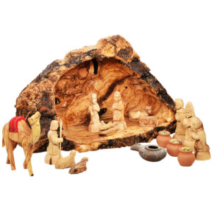Nativity Set in Olive Wood Cave with a Camel, Lamp + Wise Men Gifts