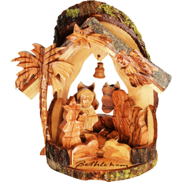 Nativity Creche Manger Ornament with Bark and Bell - 5 inch