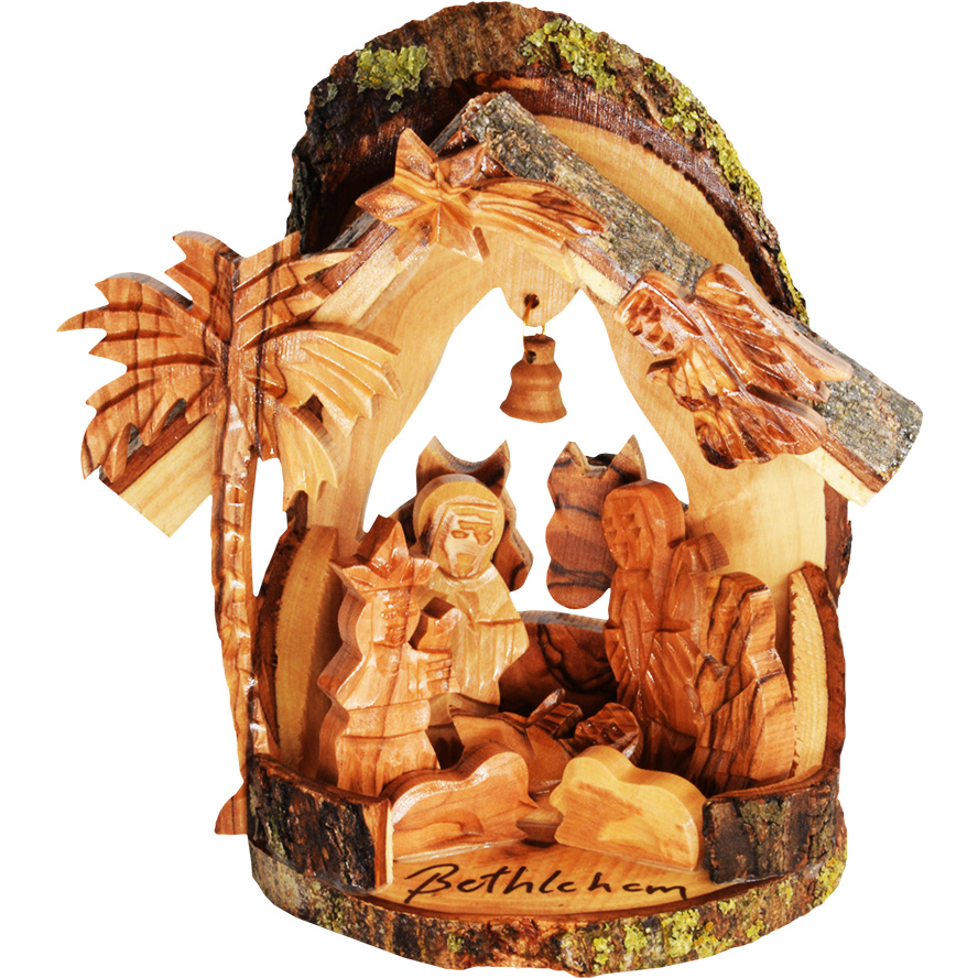 Nativity Creche Manger Ornament with Bark and Bell – 5 inch