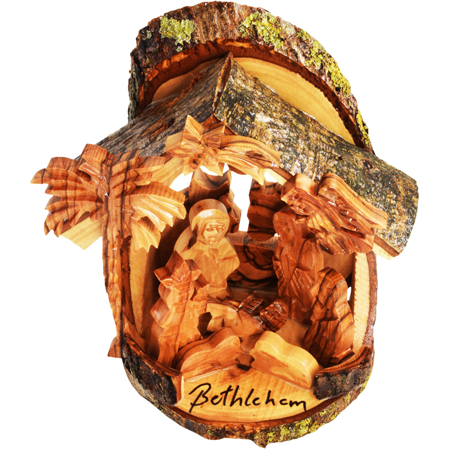 Nativity Creche Manger Ornament with Bark and Bell - 5 inch (top view)