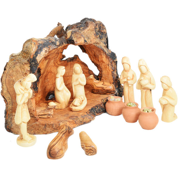 Christmas Nativity Faceless Set - Olive Wood Cave + Wise Men Gifts (angle view)