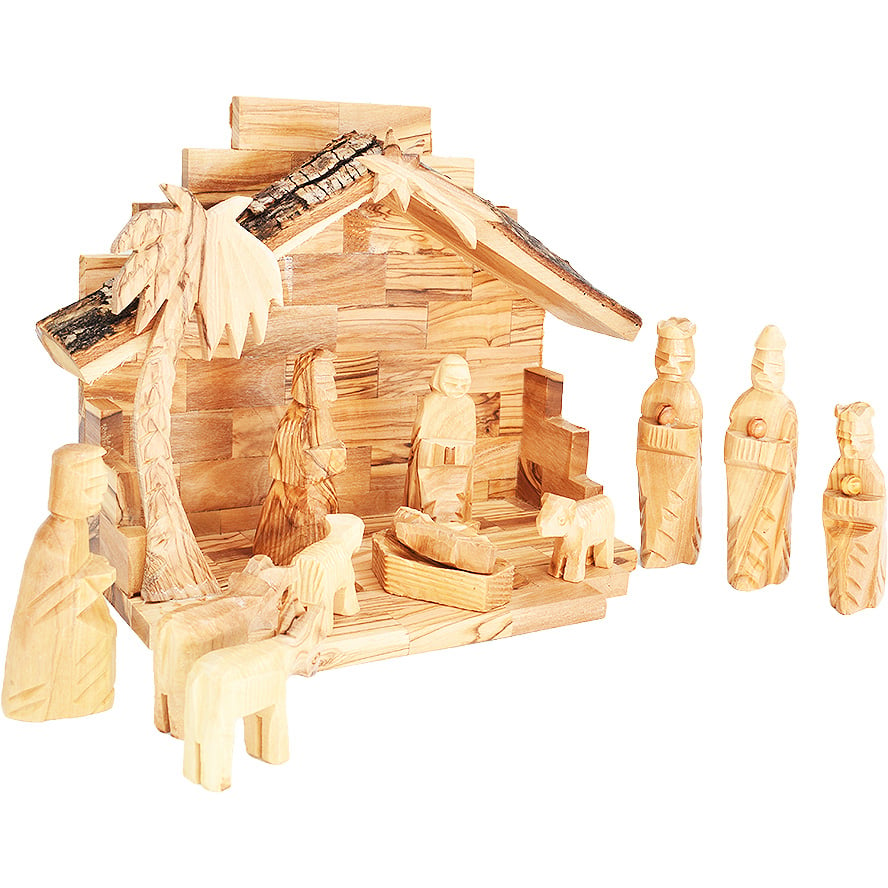 Olive Wood Christmas Nativity Set - Natural Bark Roof - 12 Piece - Made in Israel