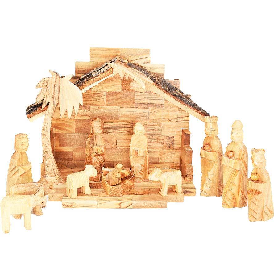 Olive Wood Christmas Nativity Set - Natural Bark Roof - 12 Piece - Made in Israel (front view)