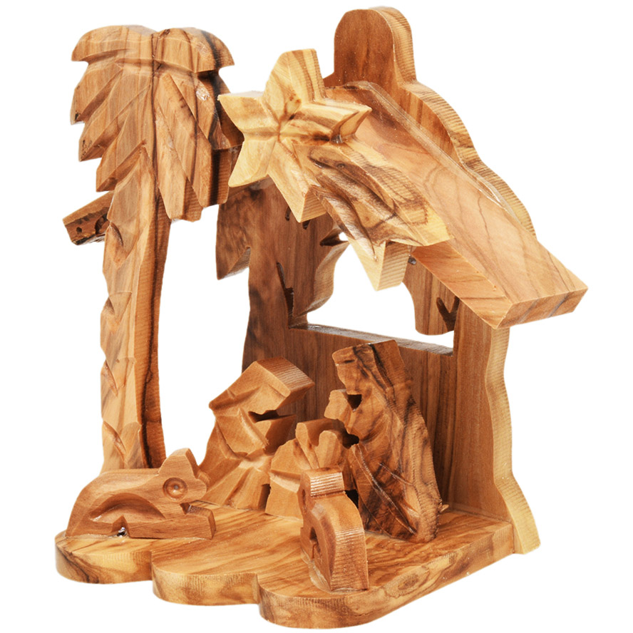 Olive Wood Nativity Creche Ornament with Two Angels (side view)