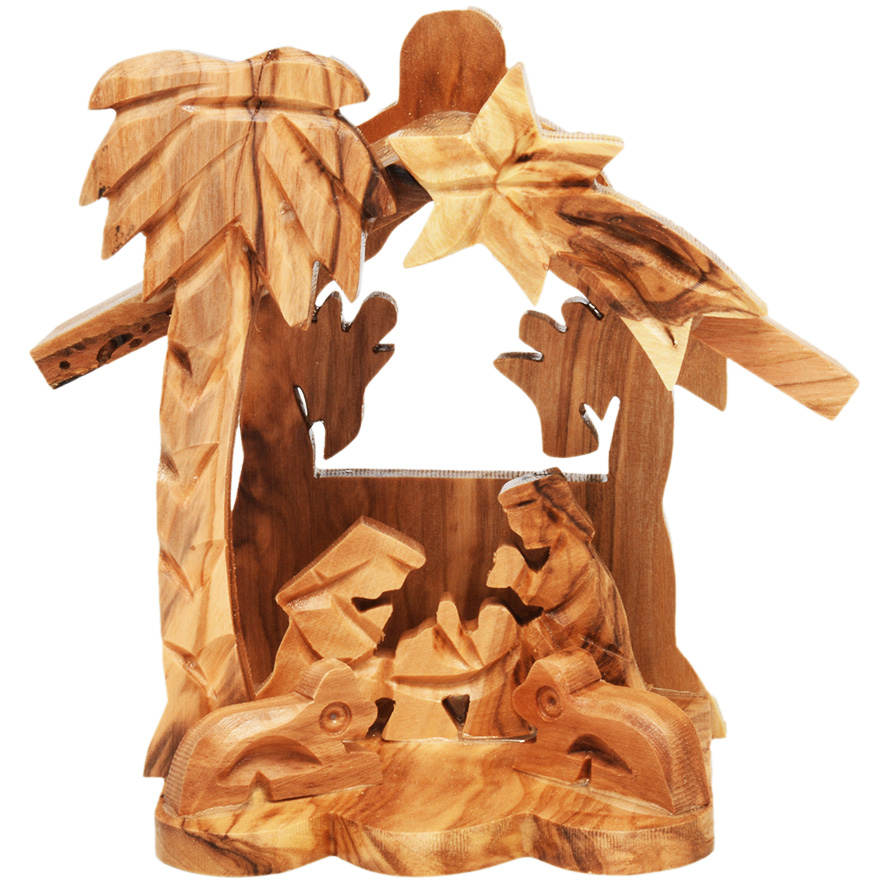 Olive Wood Nativity Creche Ornament with Two Angels
