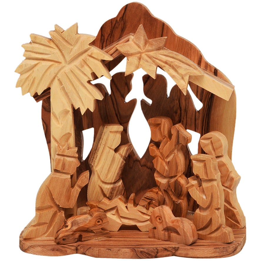 Christmas Nativity Creche Stable Olive Wood Ornament (front)