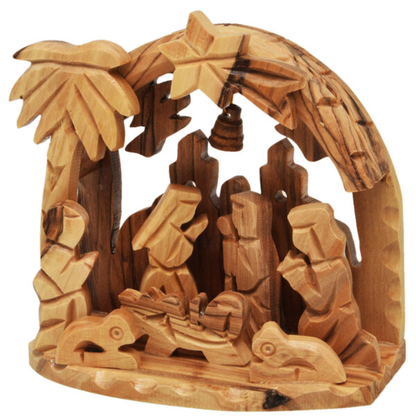 Christmas Creche Arched Olive Wood Ornament with Bell (front view)