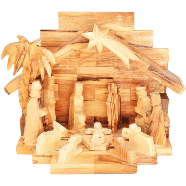 Olive Wood Christmas Nativity - Fixed Figures - Made in Bethlehem (front view)