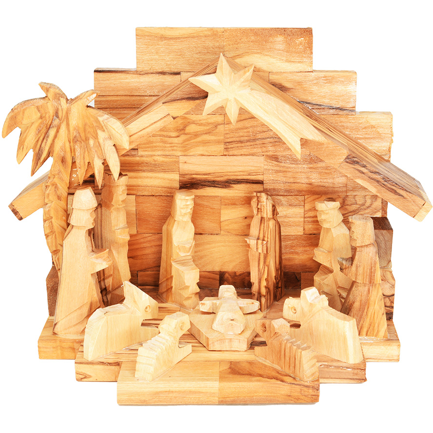 Olive Wood Christmas Nativity – Fixed Figures – Made in Bethlehem (front view)