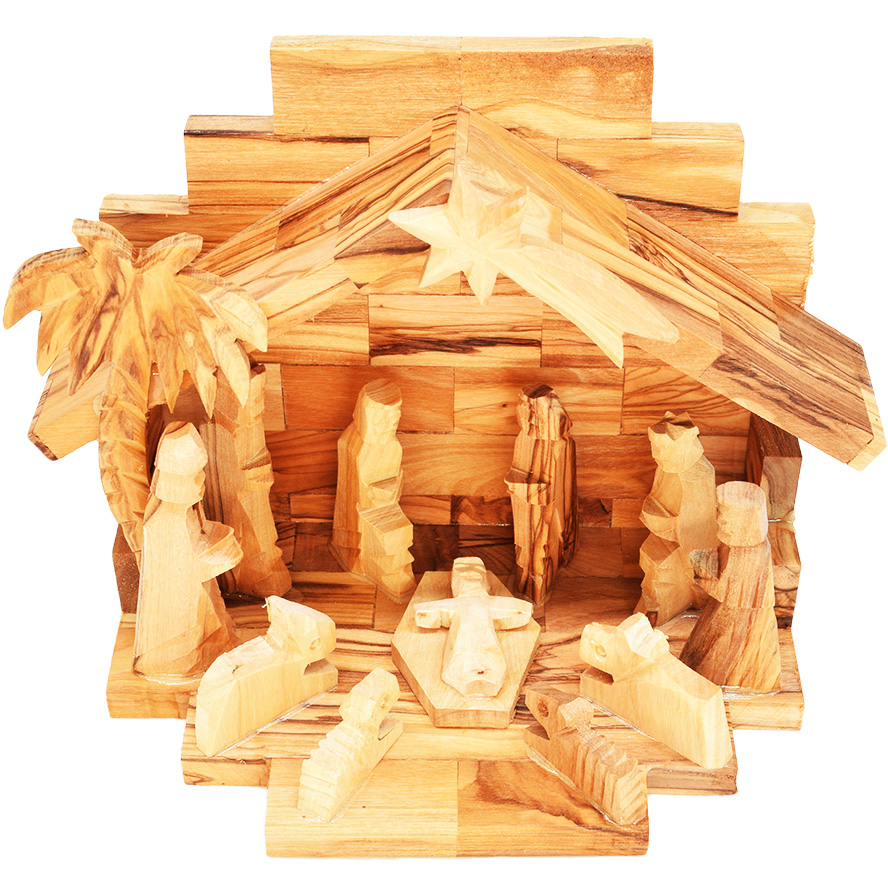 Olive Wood Christmas Nativity – Fixed Figures – Made in Bethlehem (high view)