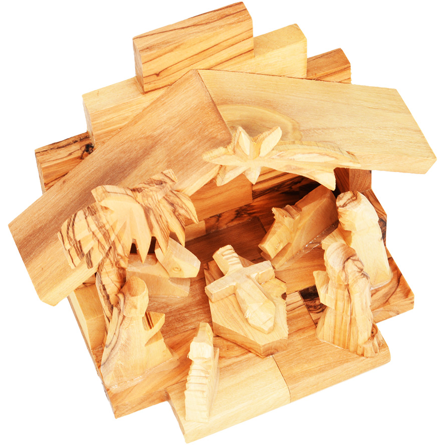 Christmas Nativity Scene – 100% Olive Wood – Made in Bethlehem – 5″ (top view)