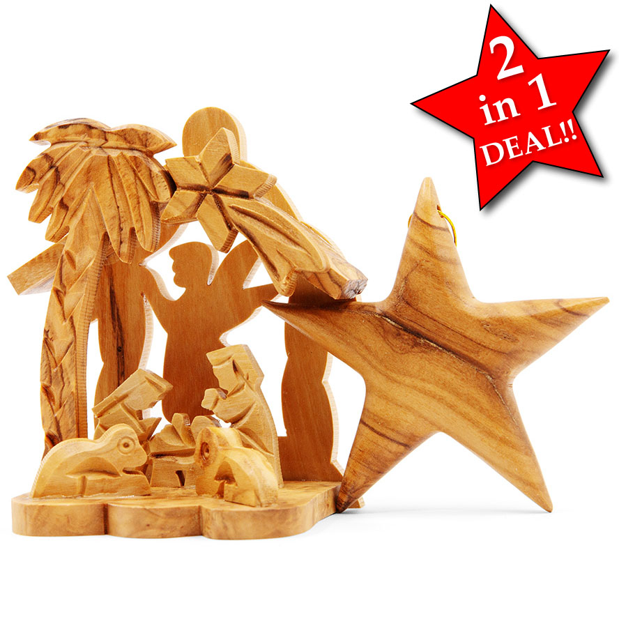 Nativity Scene with Christmas Tree Decoration in Olive Wood