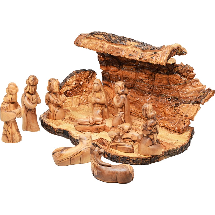 Christmas Nativity Cave – Faceless Wooden 12pc Set from Bethlehem – 15″