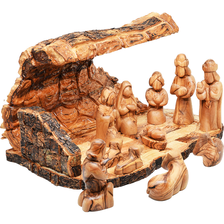Christmas Nativity Cave – Faceless Wooden 12pc Set from Bethlehem – 15″ (left angle)