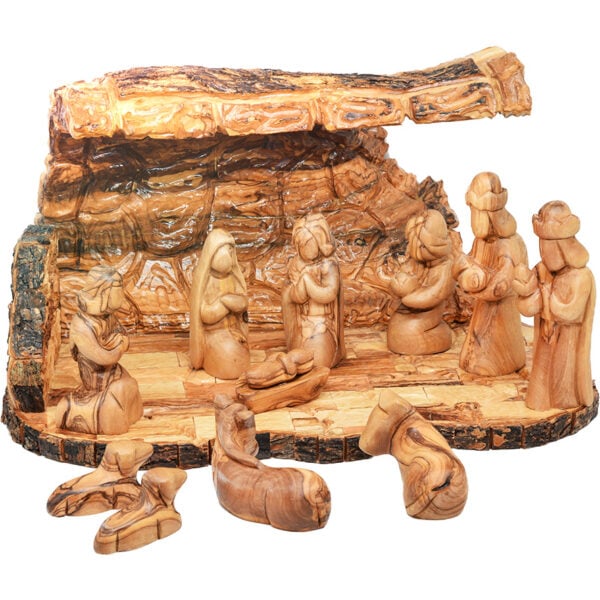 Christmas Nativity Cave - Faceless Wooden 12pc Set from Bethlehem - 15" (front view)