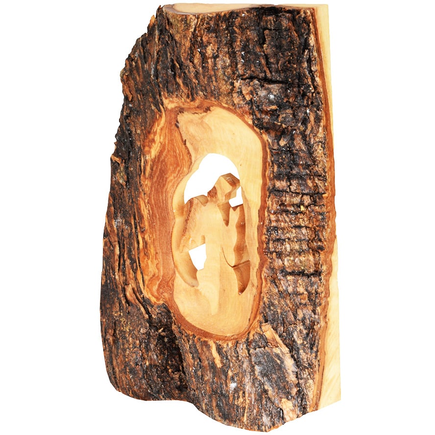 Olive Wood ‘Angel Praying’ Log with Bark Ornament – 5″ (side view)