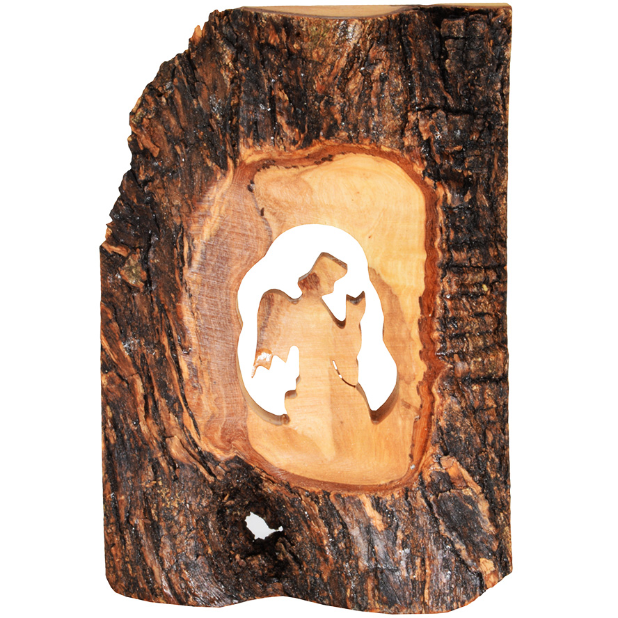 Olive Wood ‘Angel Praying’ Log with Bark Ornament – 5″