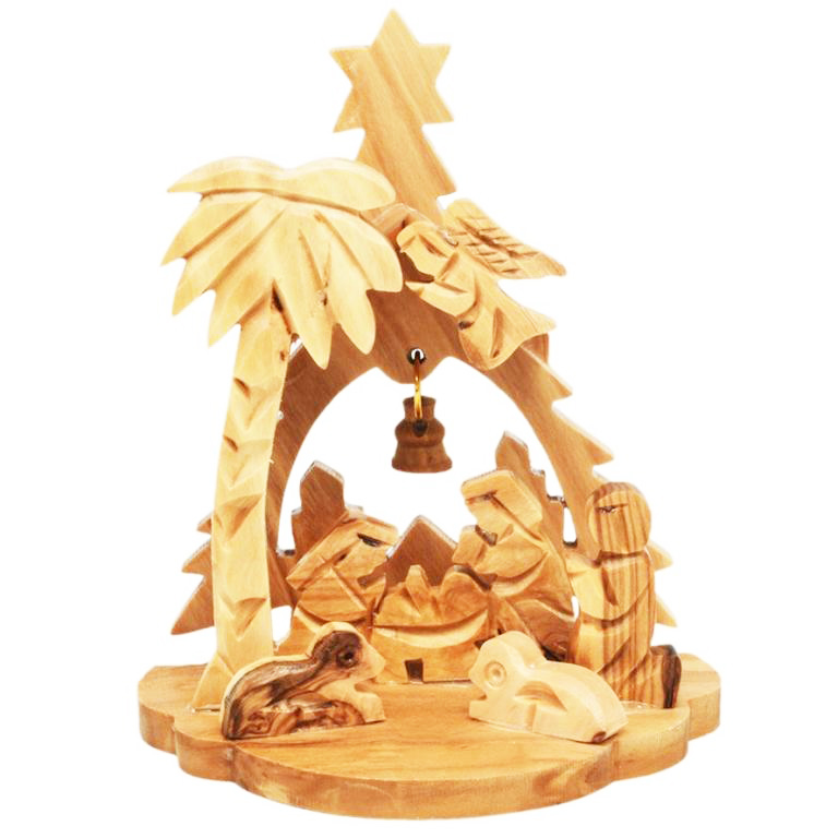 Christmas Tree' Olive Wood Creche Ornament with Angel and Bell