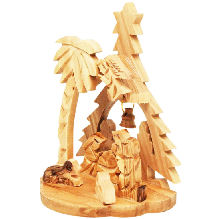 Christmas Tree’ Olive Wood Creche Ornament with Angel and Bell (side view)