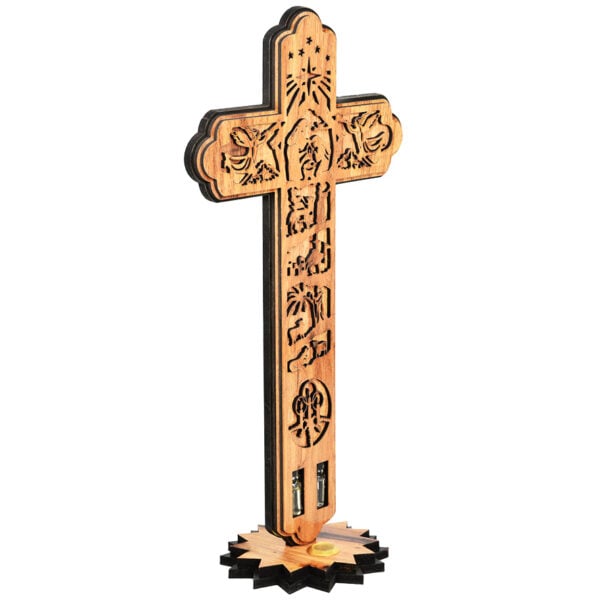 The Christmas Story on an Olive Wood Cross with Incense - 14" (angle view)