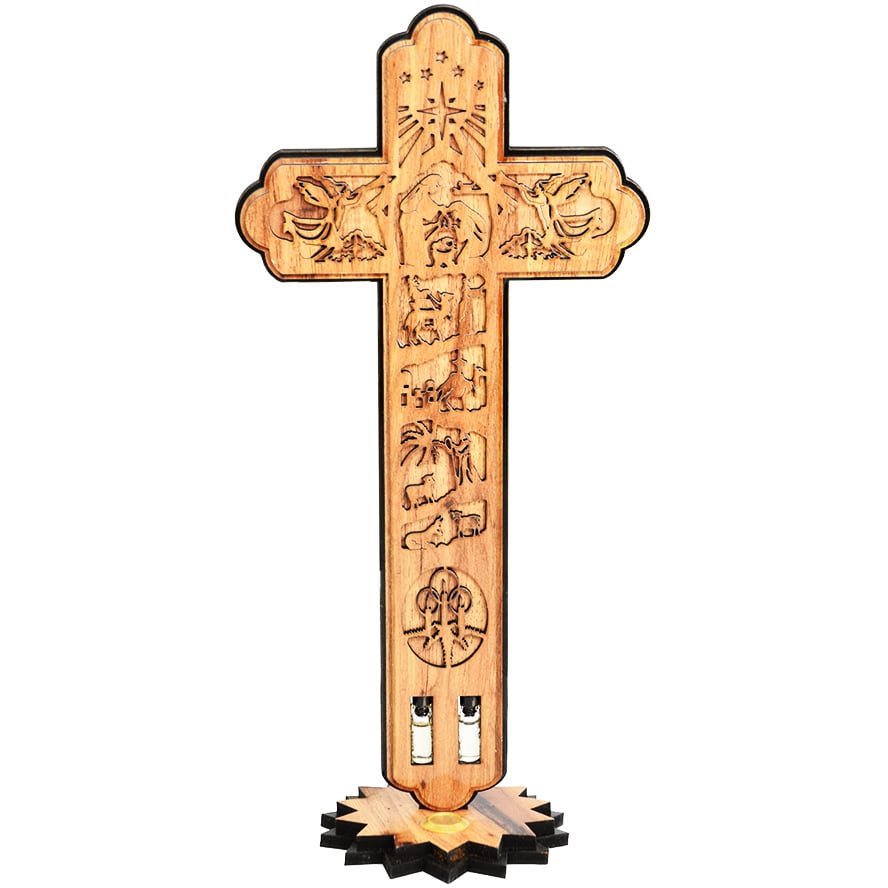 The Christmas Story on an Olive Wood Cross with Incense – 14″