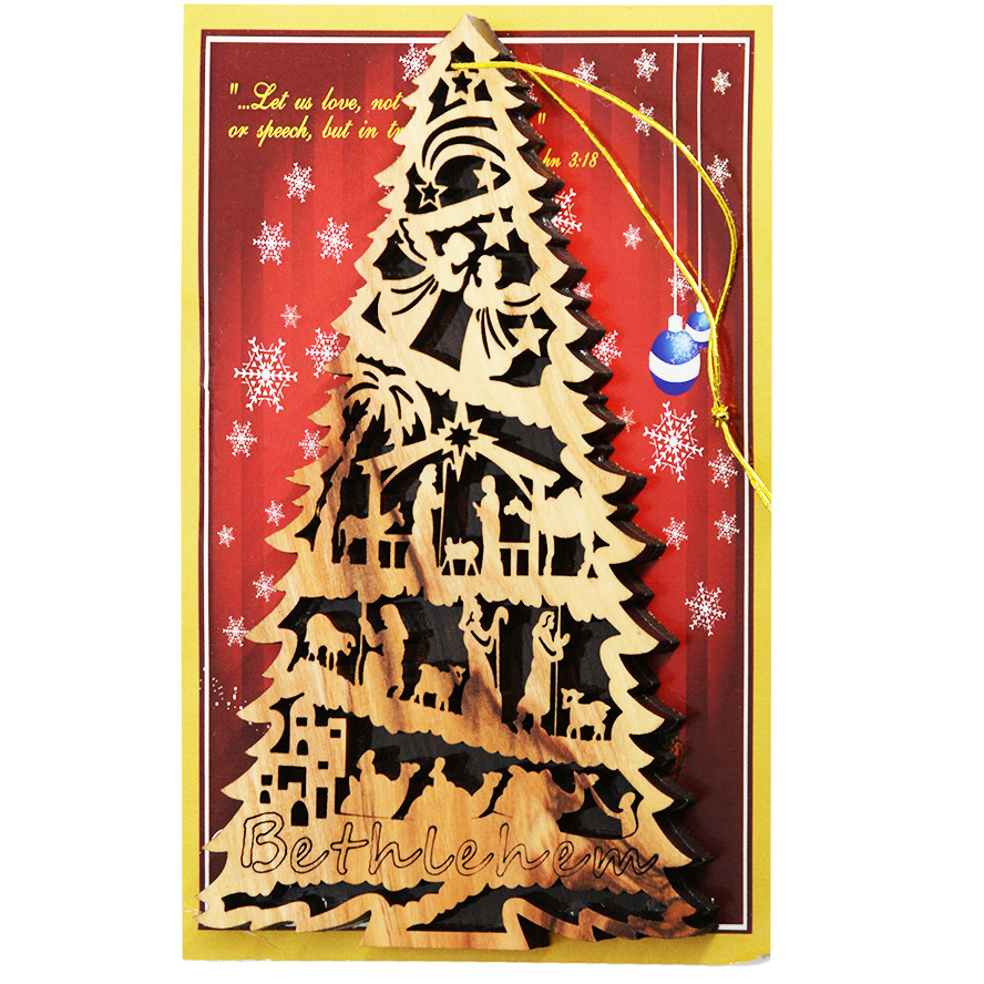 Olive Wood Christmas Tree Decoration from Bethlehem – 4.5″ (in package)