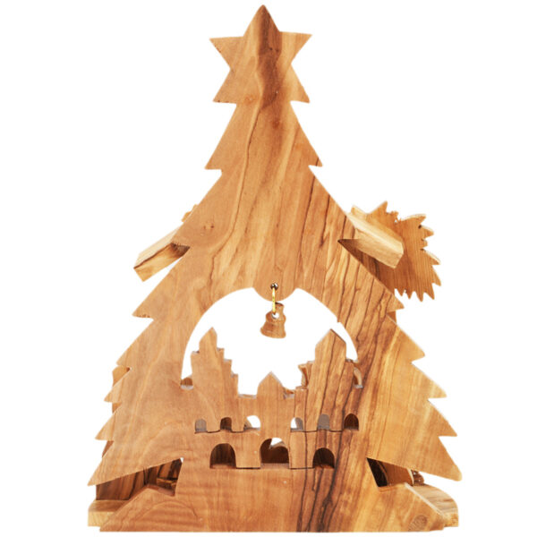 'Christmas Tree' Olive Wood Manger Square Church Ornament (rear view)