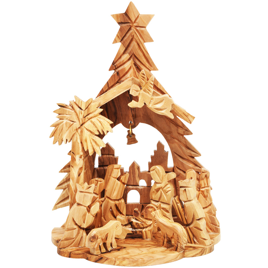 ‘Christmas Tree’ Olive Wood Manger Square Church Ornament (front view)