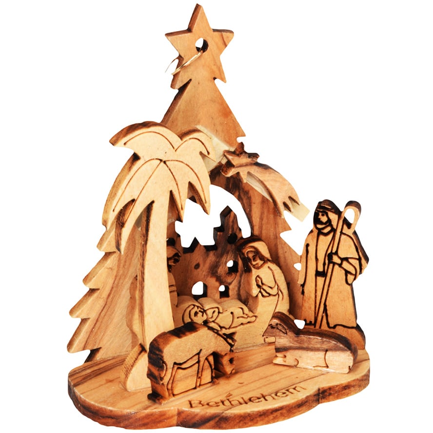 Christmas Tree Nativity Ornament with Bethlehem Church – 3″ (side view)