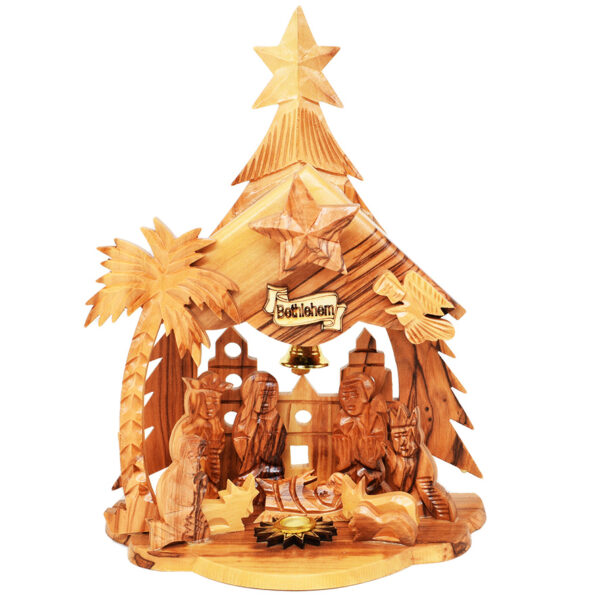 Olive Wood Musical Nativity Bethlehem Christmas Tree - 8" inch (front)