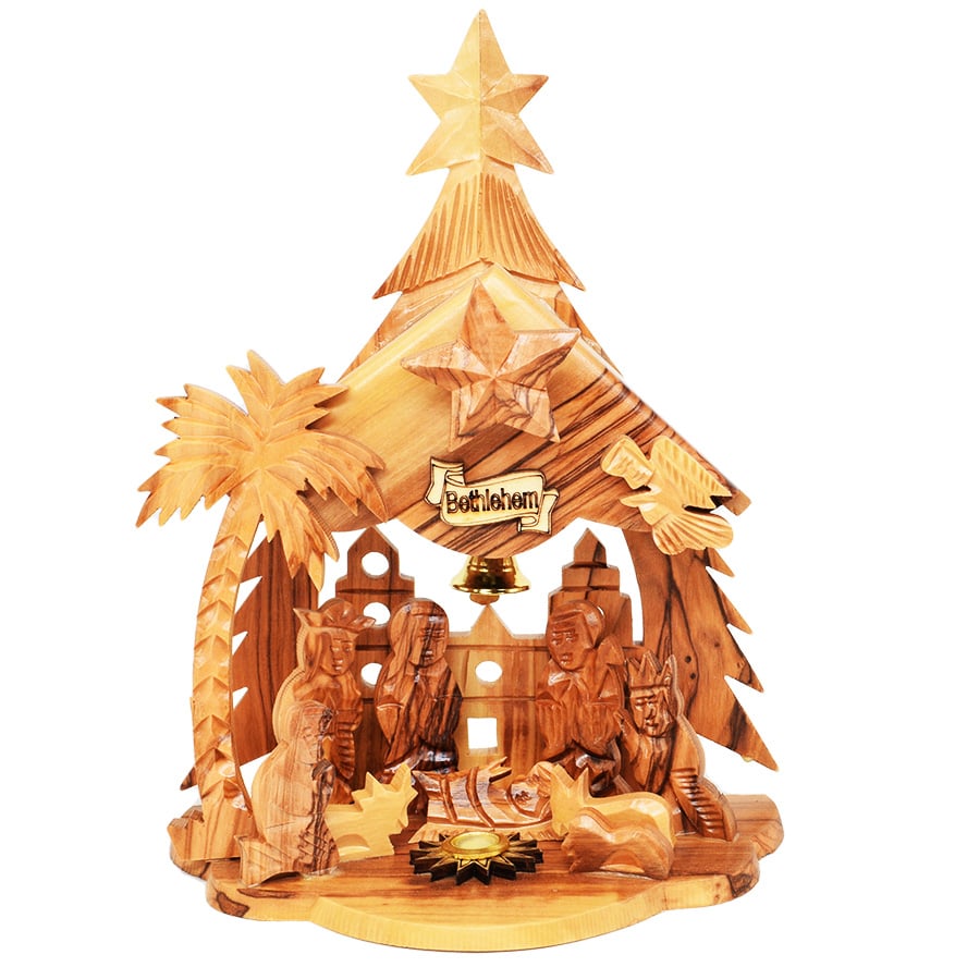 Olive Wood Musical Nativity Bethlehem Christmas Tree – 8″ inch (front)