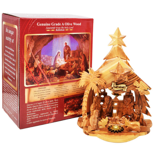 Olive Wood Musical Nativity Bethlehem Christmas Tree - 8" inch
