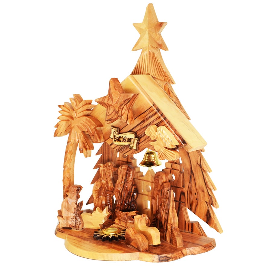 Olive Wood Musical Nativity Bethlehem Christmas Tree – 8″ inch (angle view)