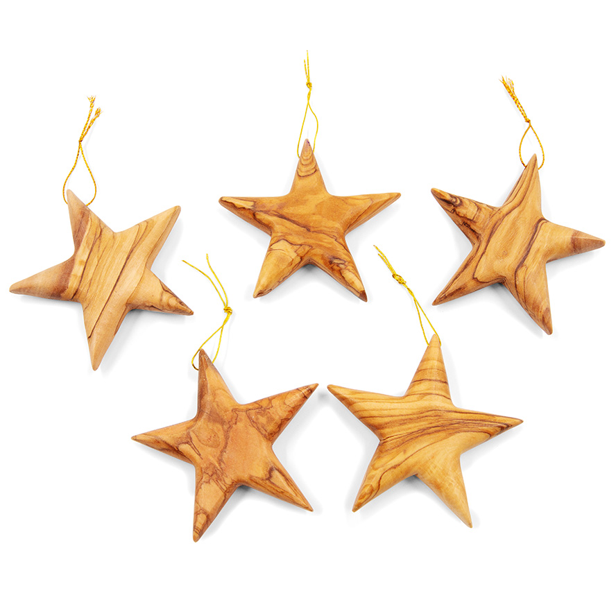 Set of 5 ‘Star of Bethlehem’ Olive Wood Christmas Tree Decorations