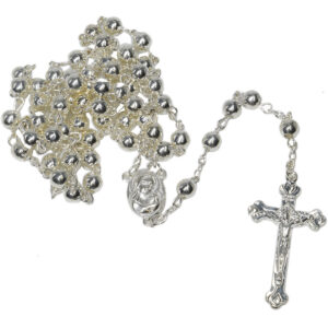 Round Chrome Rosary Beads with 'Jesus and Mary' Icon & Holy Soil