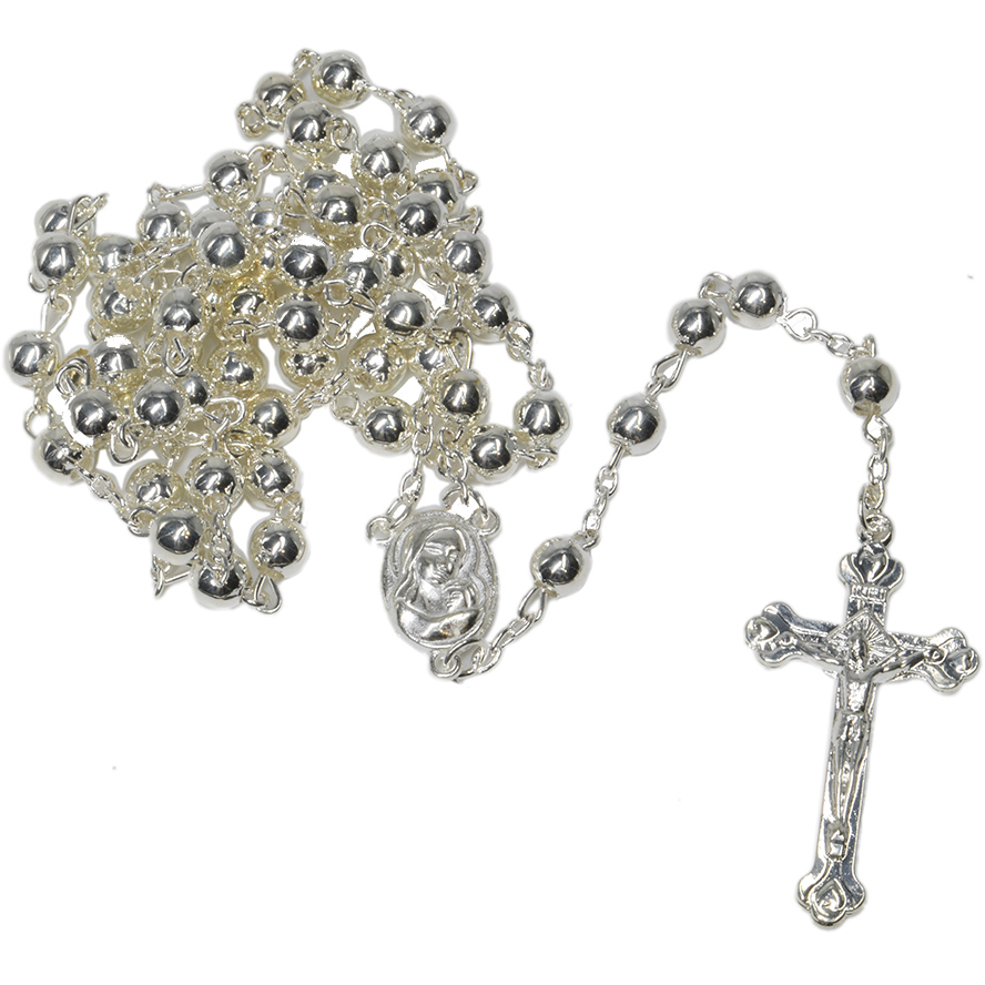 Round Chrome Rosary Beads with 'Jesus and Mary' Icon & Holy Soil
