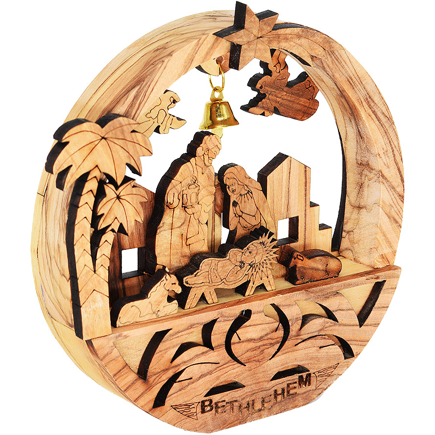 Circular Olive Wood Manger Square Church Christmas Nativity Scene with bell