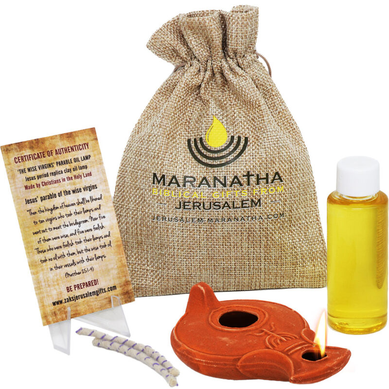 Clay Lamp with Menorah and Jerusalem Olive Oil Set - Early Christian Period Replica - Made in Israel