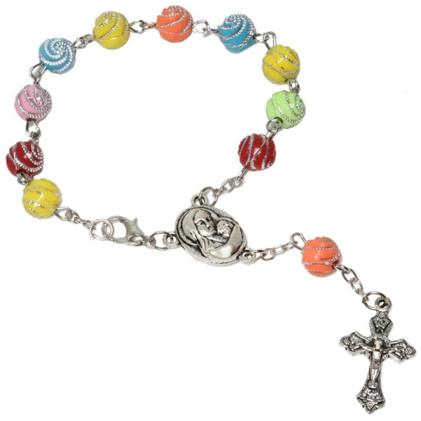 Colorful Decorated Balls Rosary Bead Bracelet with 'Jesus & Mary' Icon