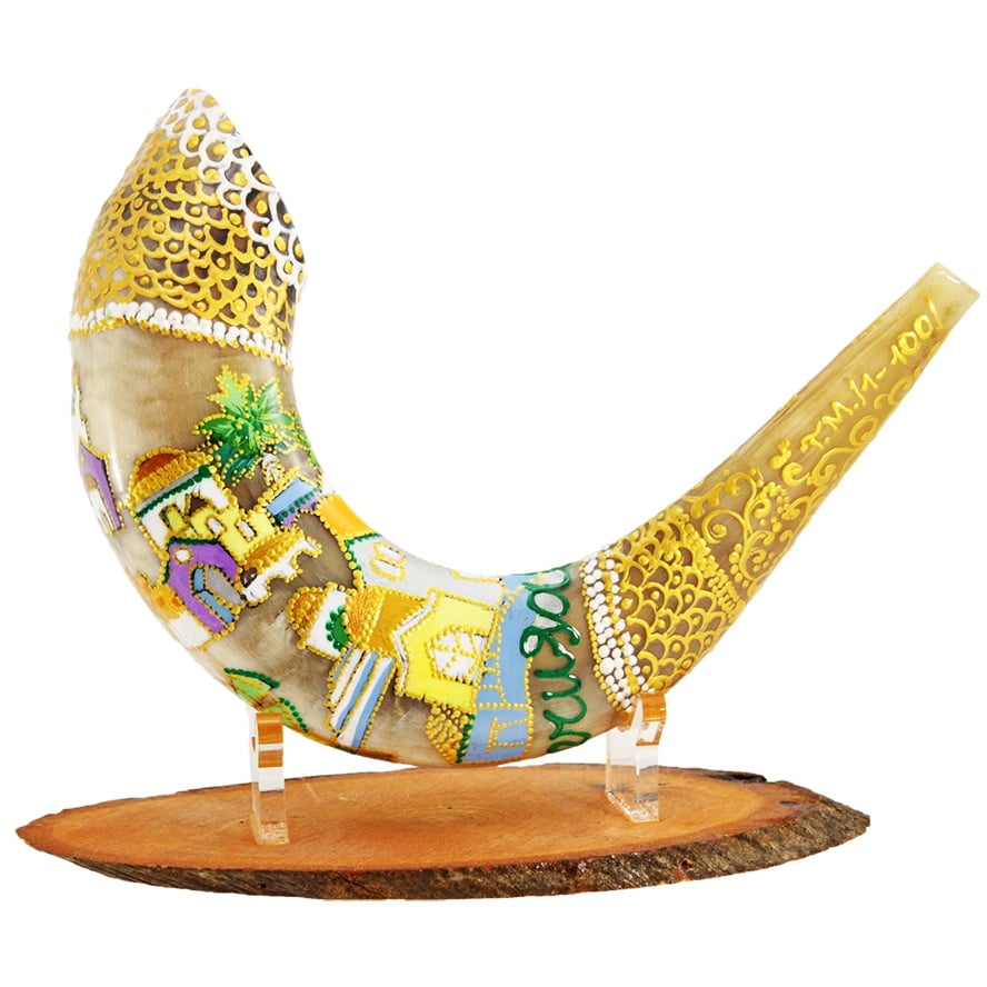 Colorful 'Jerusalem' Hand-Painted Ram's Horn Shofar with serial number