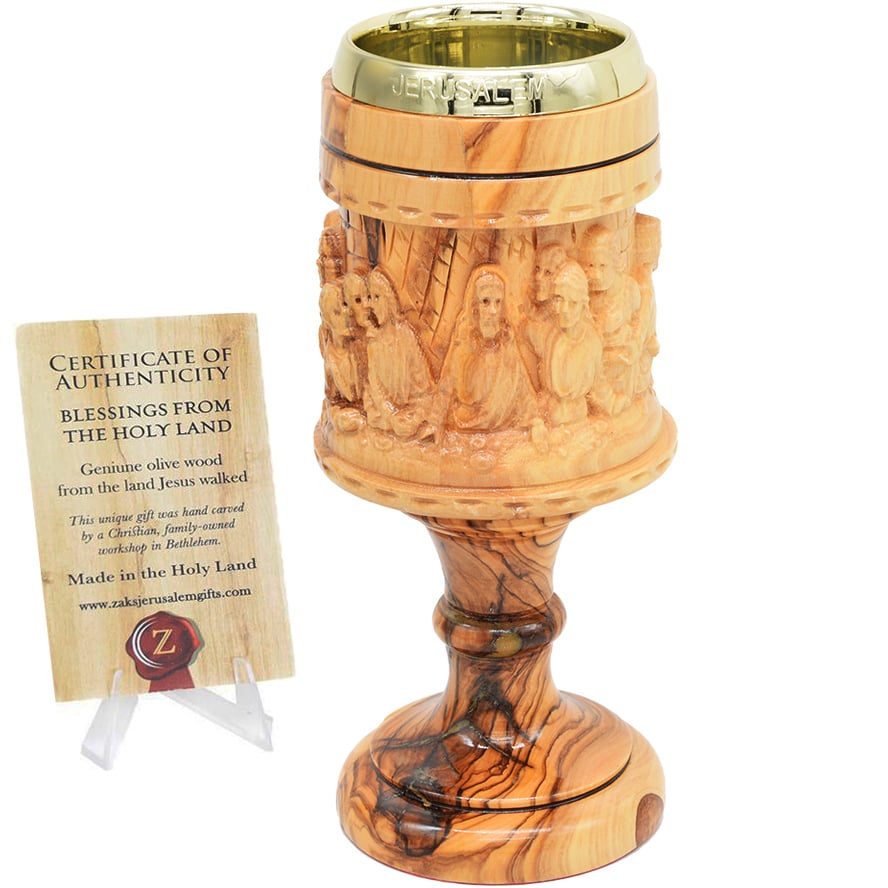 The Last Supper Olive Wood carved Communion Goblet - 8"