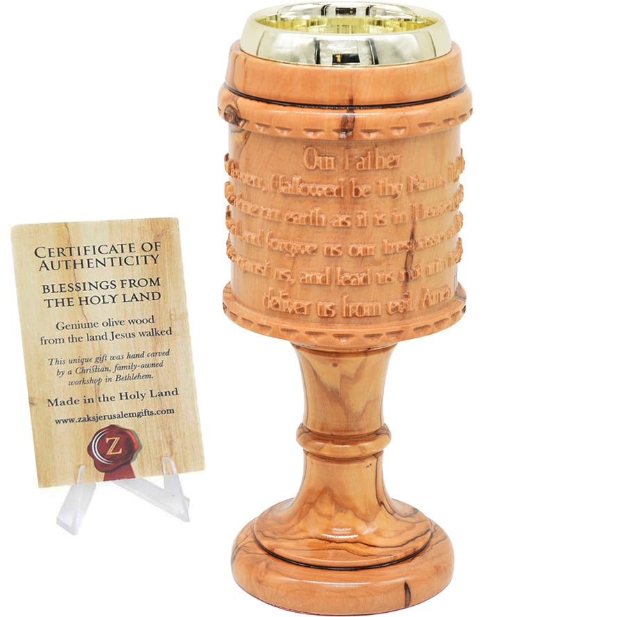 THE LORD’s PRAYER Olive Wood Hand Carved Communion Goblet – 8″