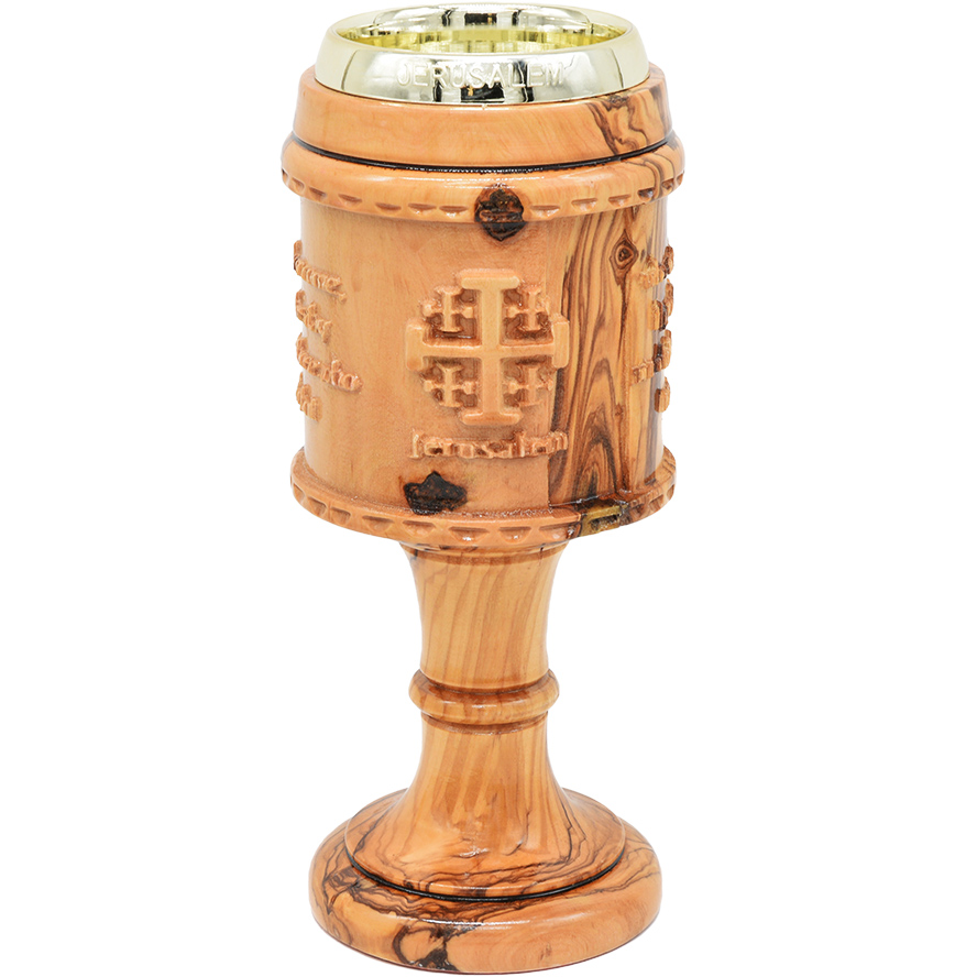 THE LORD’s PRAYER Olive Wood Hand Carved Communion goblet showing the ‘Jerusalem Cross’