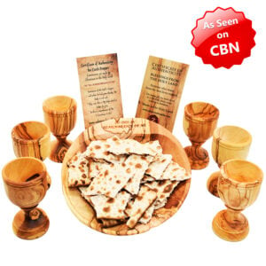 Engraved 'The Lord's Supper' Olive Wood Communion Dish and 6 Cups