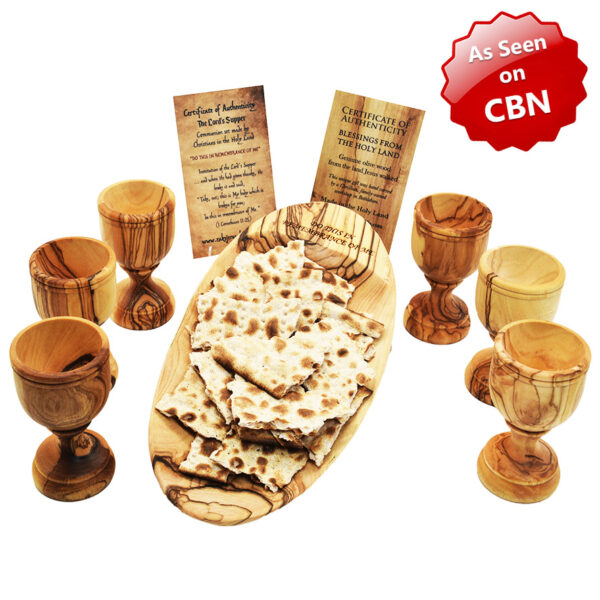 Engraved 'The Lord's Supper' Olive Wood Oval Communion Dish and 6 Cups