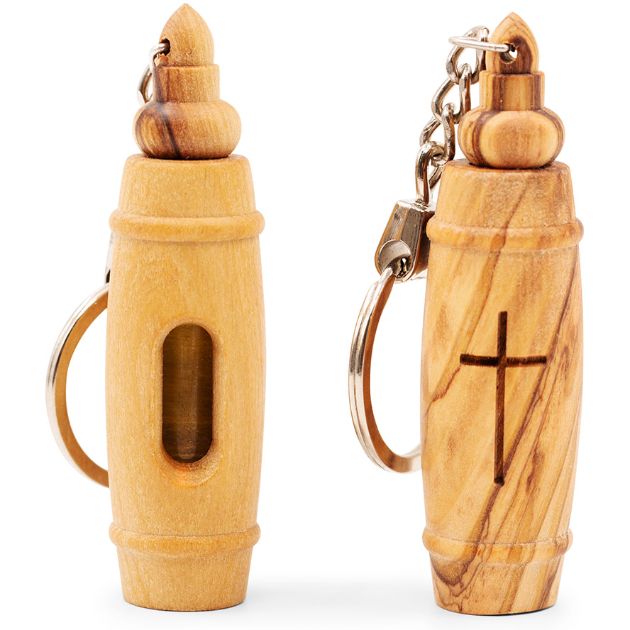 Cross Engraved Olive Wood Key-Chain with Anointing Oil Vial