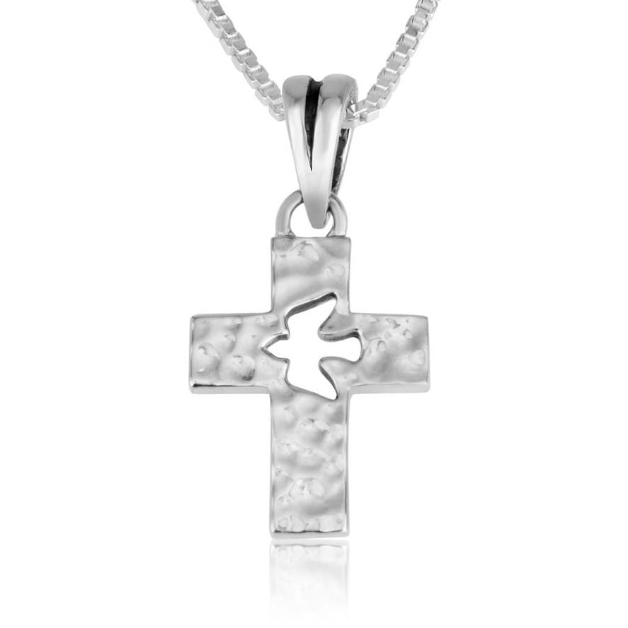 ✟ Holy Spirit Dove on a Textured Sterling Silver Cross Pendant