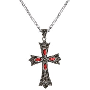 Christian Cross Necklace - Marcasite and Ruby Red - Sterling Silver (with chain)