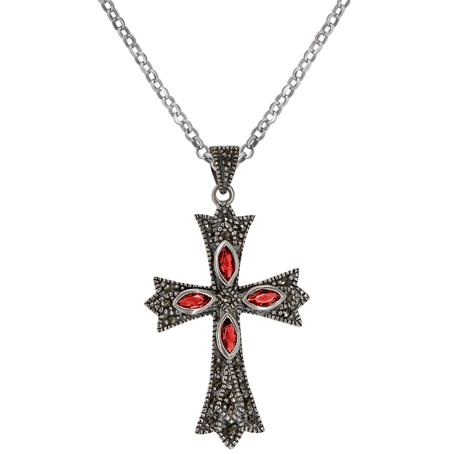 Christian Cross Necklace – Marcasite and Ruby Red – Sterling Silver (with chain)