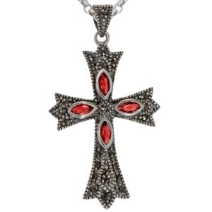 Christian Cross Necklace - Marcasite and Ruby Red - Sterling Silver